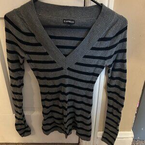 Express Women's Gently Worn Size XS Grey/Black Stripe Sweater VNeck